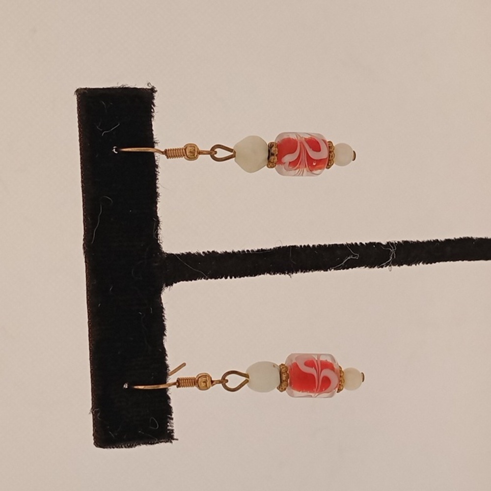 Handmade Red and White Beaded Earrings Casual Everyday Unique Retro Colorful Fun